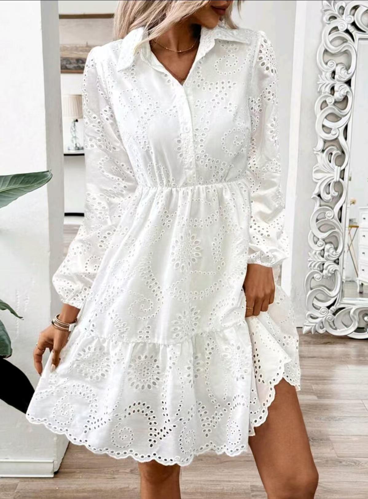 2026 Cross-border foreign trade women s clothing Europe, America, Amazon new women s shirt collar white long-sleeved embroidered dress S
