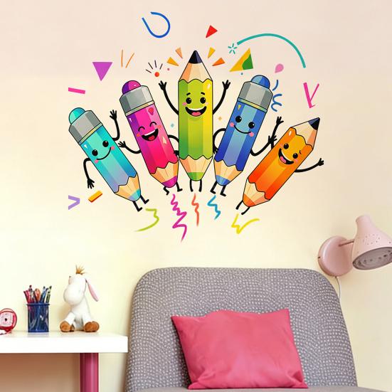 Colorful Pencils Wall Sticker Cartoon Kids Room Wall Decals Peel And Stick Classroom Wall Mural Art for Playroom Nursery Wall