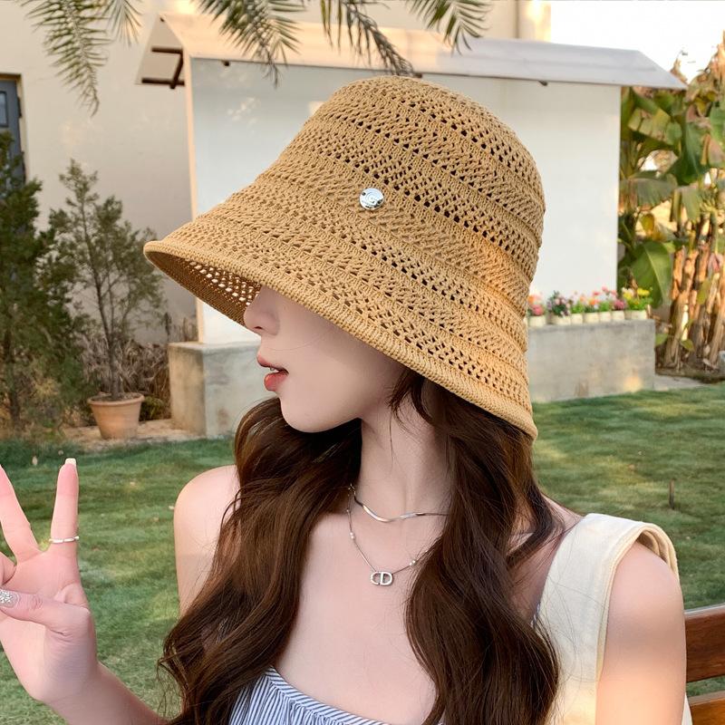 Hat Women's Summer Sunscreen Knitted Bucket Hat Small Brim Fisherman Thin Hollow Ultra Light Leisure Basin Hat Versatile