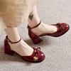 Mary Jane Women's Red Small Leather Shoes Summer New High-heeled Women's Shoes French Retro Round Head Thick Heel Four-season Wedding Shoes
