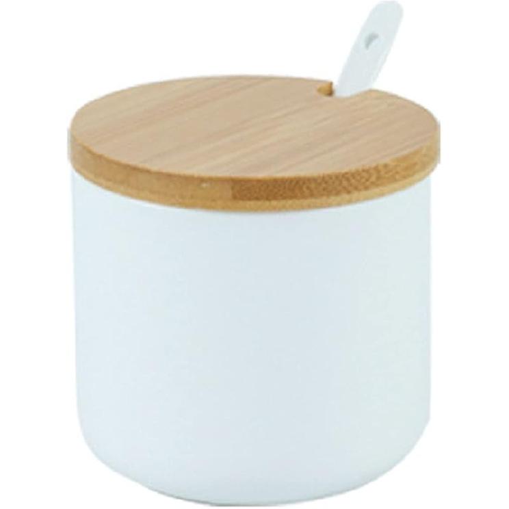 Simple Pure Color Ceramic Spice Jar Seasoning Box Condiment Pot Sugar Bowl with Bamboo Lid and Spoon