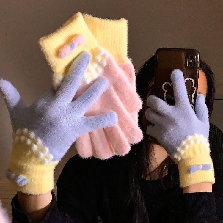 Cute Blue Plush Knitted Five Finger Gloves for Women in Autumn and Winter Warm and Velvet Thickening New Style for Cycling and Cold Protection