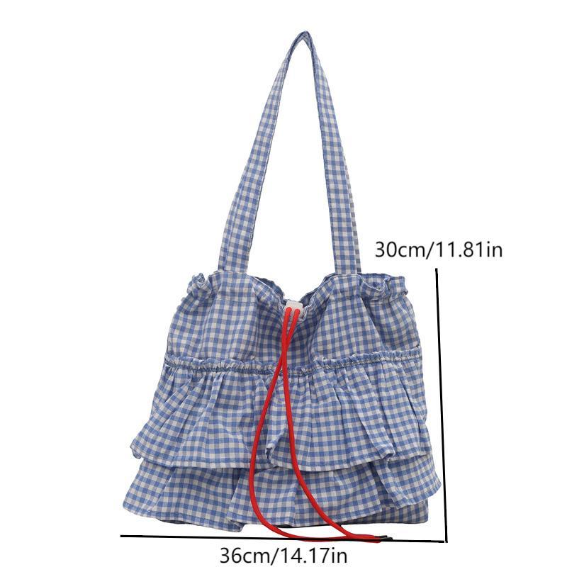 Cute Plaid Cotton Tote Bag Large Capacity Ruffle Handbag Large Capacity Shoulder Bags  Sweet Commuting Bag For Women Gift