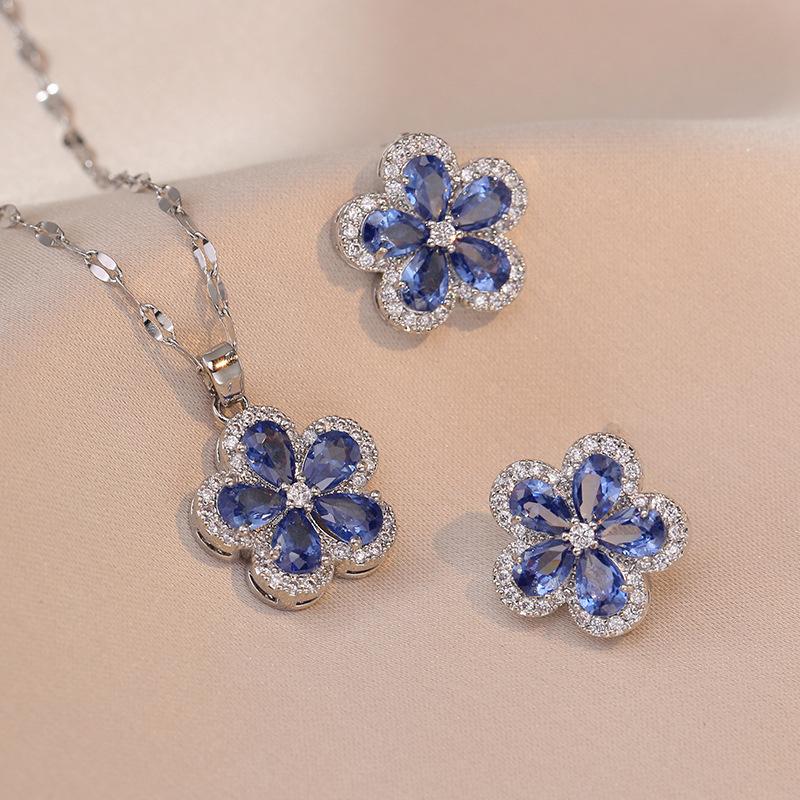 Exquisite Fashion Blue Crystal Zircon Flower Earring Necklace For Women Girls Light Luxury Design Banquet Jewelry Party Gift 1