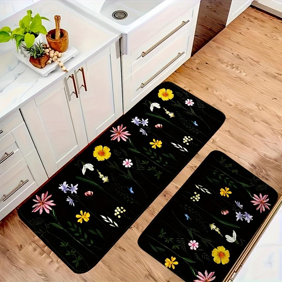 1Pcs Black Color Flower Pattern Floor Mat Modern Kitchen Polyester Rug Non-Slip Colorful Indoor Carpet, For Home Bathroom Bedroom Living Room Decor