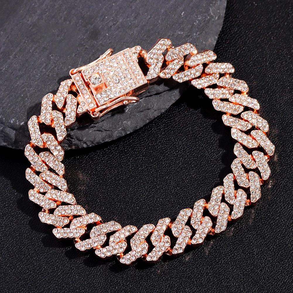 12MM Rhinestones Prong Iced Out Cuban Link Chain Hip Hop Bracelet Men Women Gold Color Bling Cuban Bracelet Jewelry A+