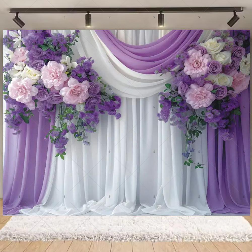 

Flower Pink Purple Beige Gauze Background Banner Dreamy Birthday Wedding Party Decoration Backdrop Supplies Photography Props 120X90CM