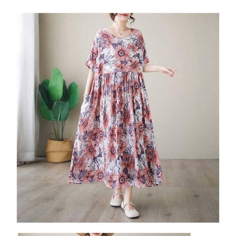 Einfache Mode Sommer Neu Vergrößerte Kurzarm Rundhals Bedruckte Kleider