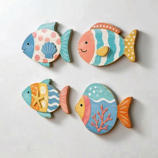 Seaside Bathroom Wall Art 4PCS Aspen Wood Fish Decor, Colorful Hanging Handcrafted Set Art, Beach Theme Decorative Plaques for Living Room Nautical