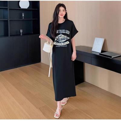 New Korean-style Short-sleeved T-shirt Dress for Women, Loose and Casual, Plus-size Small Flying Sleeve Slit Dress, Long Dress for Summer