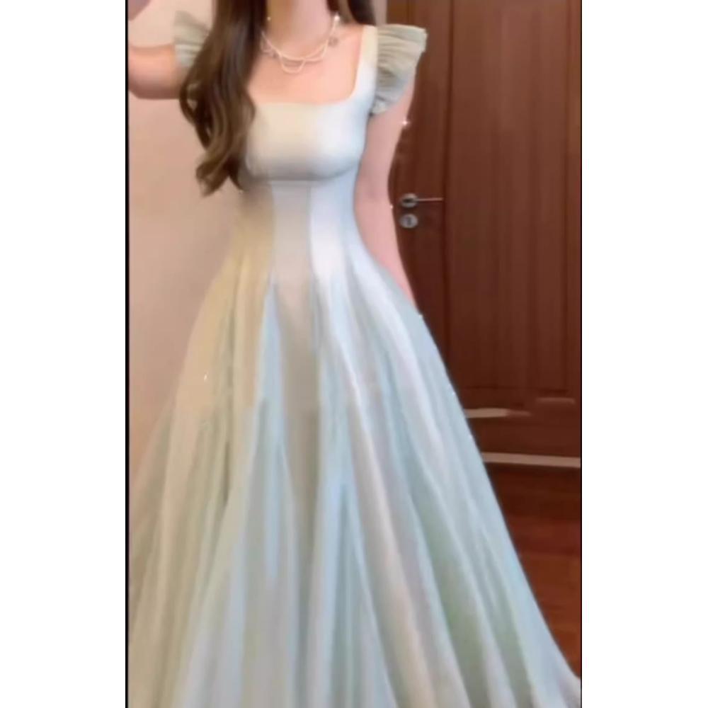 

Платье с рукавами «Фэйфэй» с квадратным вырезом, женское летнее отпускное ветровое, приталенное по талии, А-силуэта, маленькое длинное платье XL- (recommended 110-60kg)