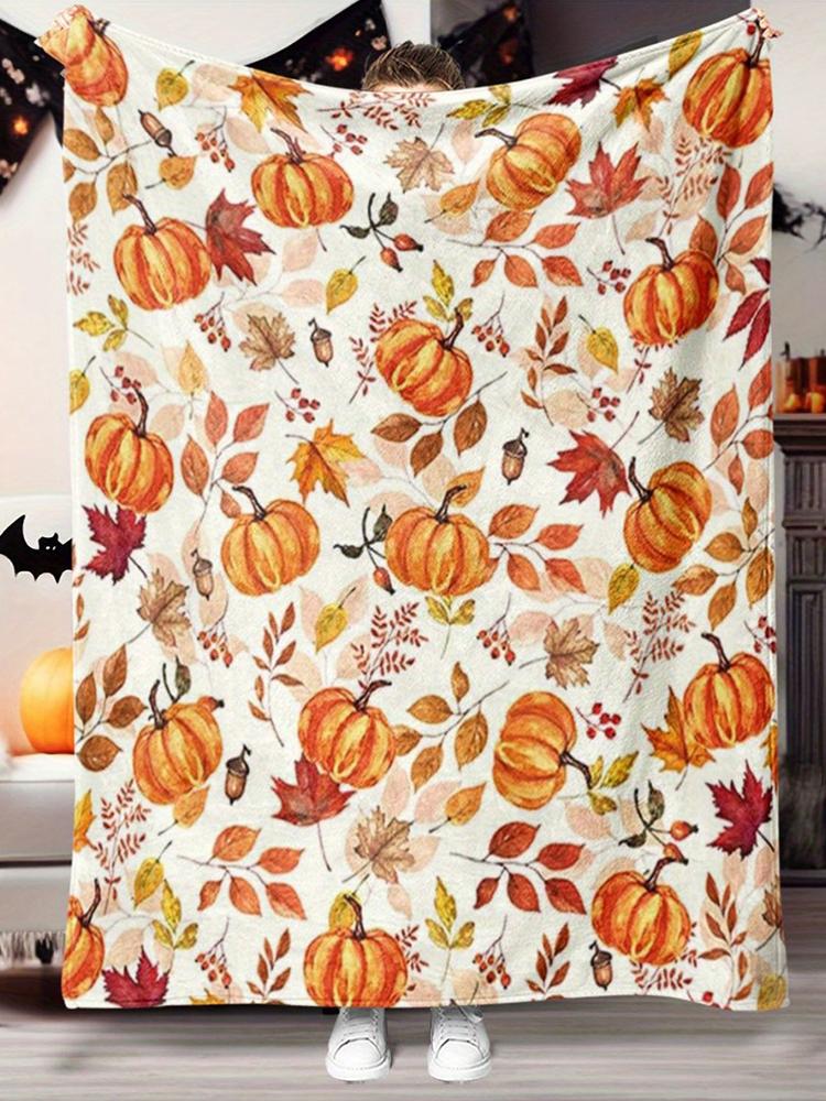1pc Plush Flannel Blanket: Pumpkin Leaf Print (Autumn Colors), Soft Lightweight - Farmhouse Fall/Halloween/Thanksgiving Decor