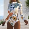 Women Plus Size Long Sleeve High Neck Zipper Floral Print One Piece Swimsuit White Blue Yellow