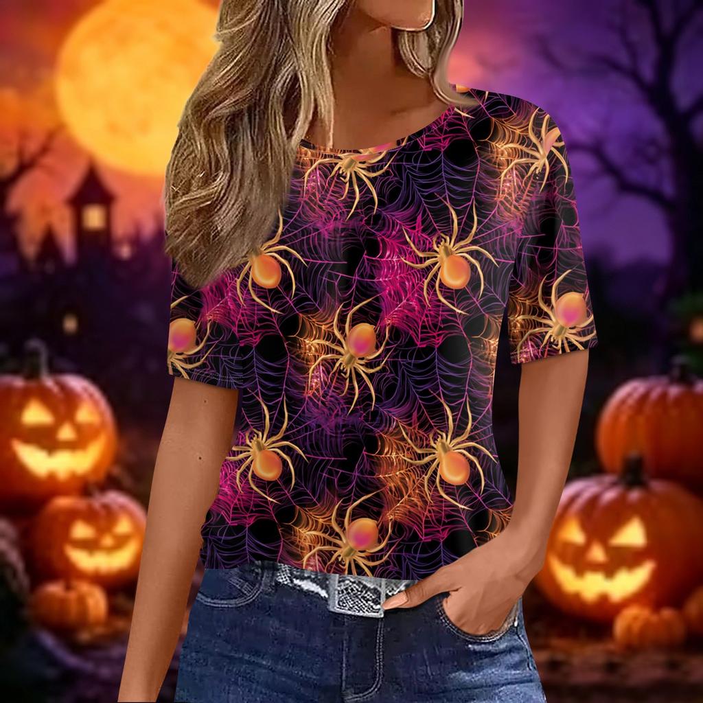 Women's Casual Halloween and Pumpkin Print Short Sleeve Crewneck Pullover Top