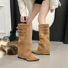 Western Cowboy Pointed Toe Boots Women Autumn Winter Retro Metal Buckle Decorated Suede Tall Skinny Knight Boots