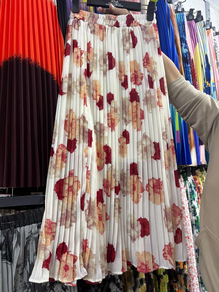 European & American Pleated Print Midi Skirt, Soft Chiffon Fabric, High Waist, Versatile Style