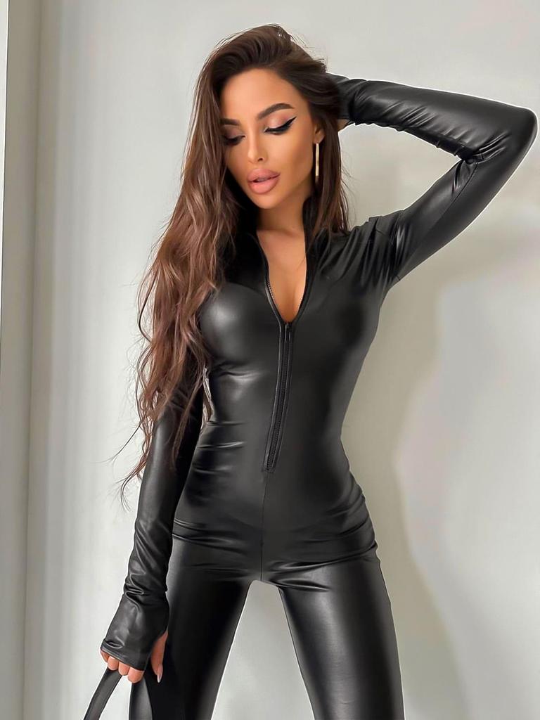 Women's Patent Leather Jumpsuit: Sexy Spring/Autumn Catwoman Cosplay Costume, Tight-Fit European/American Style.