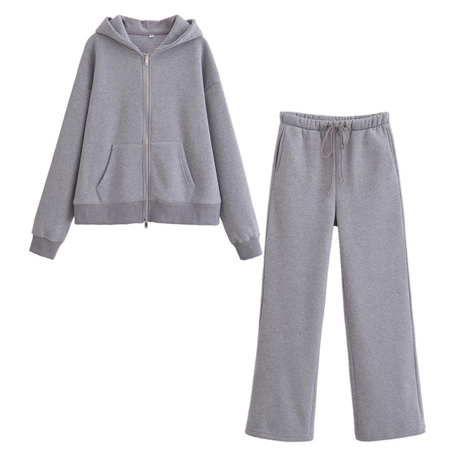 2025 Spring Women's Casual Zipper Sweatshirt Jacket & Flannel Straight-Leg Pants Set