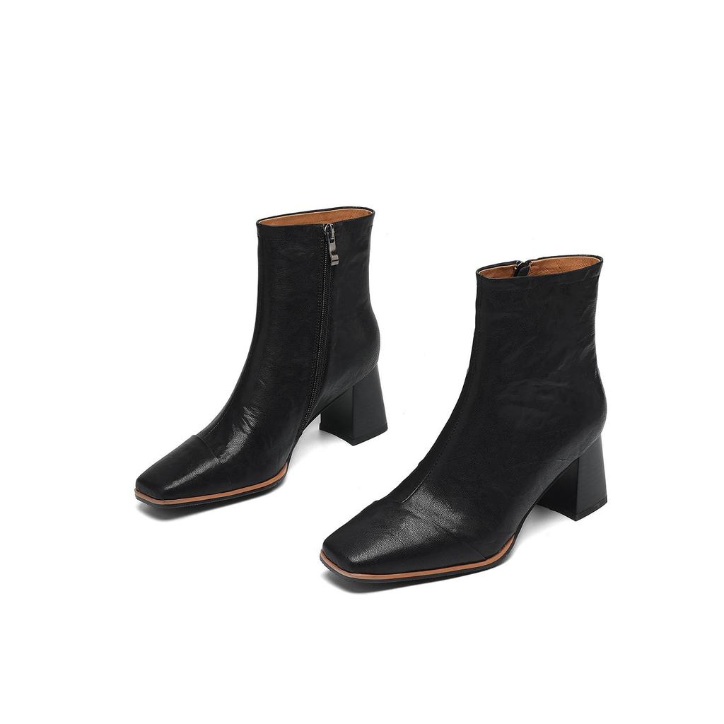 Krazing Pot Sheepskin Autumn Winter Shoes Thick High Heels Big Size 43 Modern Boots Square Toe Keep Warm Zip Pleated Design Ankle Boots