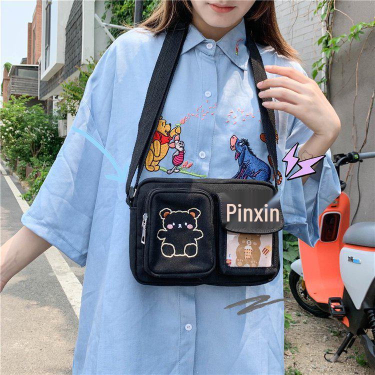 Japanese Soft Girl Canvas Crossbody Bag with Embroidered Bear - Vintage Style Student Bag