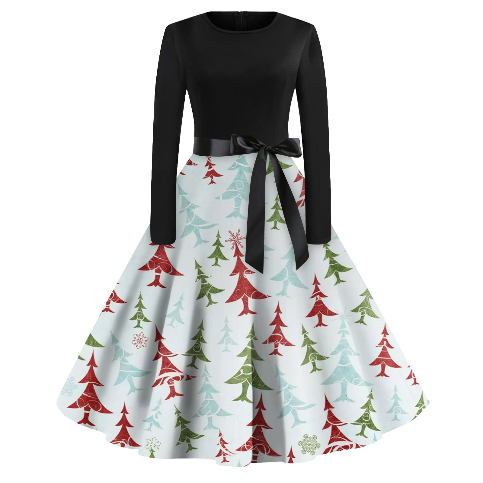 

Женская мода винтаж с длинным рукавом и круглым вырезом с рождественским принтом вечерние платья платья M