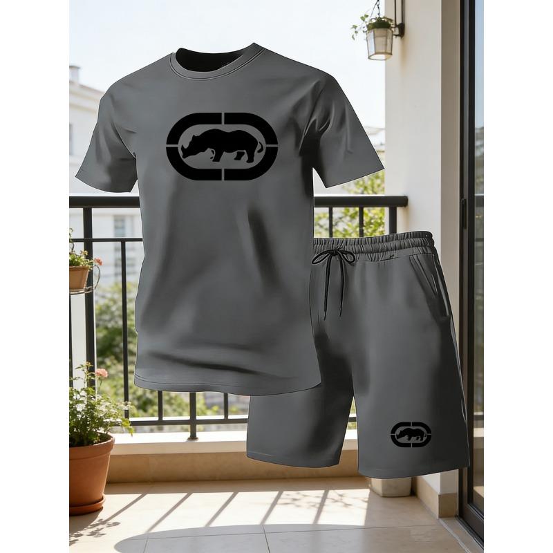 Men s summer breathable sportswear round neck short sleeved five quarter shorts lightweight and comfortable sports style set S
