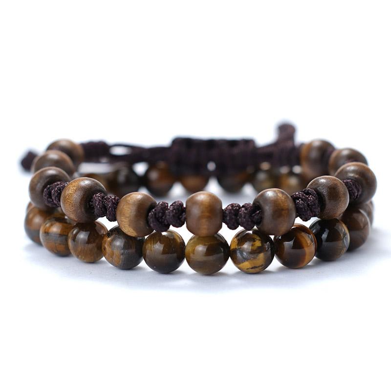 2Pcs/Pair Men Bracelet Set 8mm Onyx Tiger Eyes Stone Braclet Natural Wooden Braslet Homme Weaven Rope Brazalete Pulseira Hombre