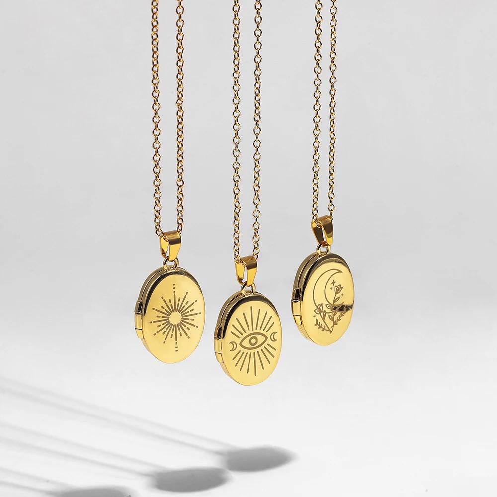 Gold Color Elliptic Sun Moon Eye Pendant Necklace Stainless Steel Geometric Opening Closing Photo Box Choker Trendy Jewelry