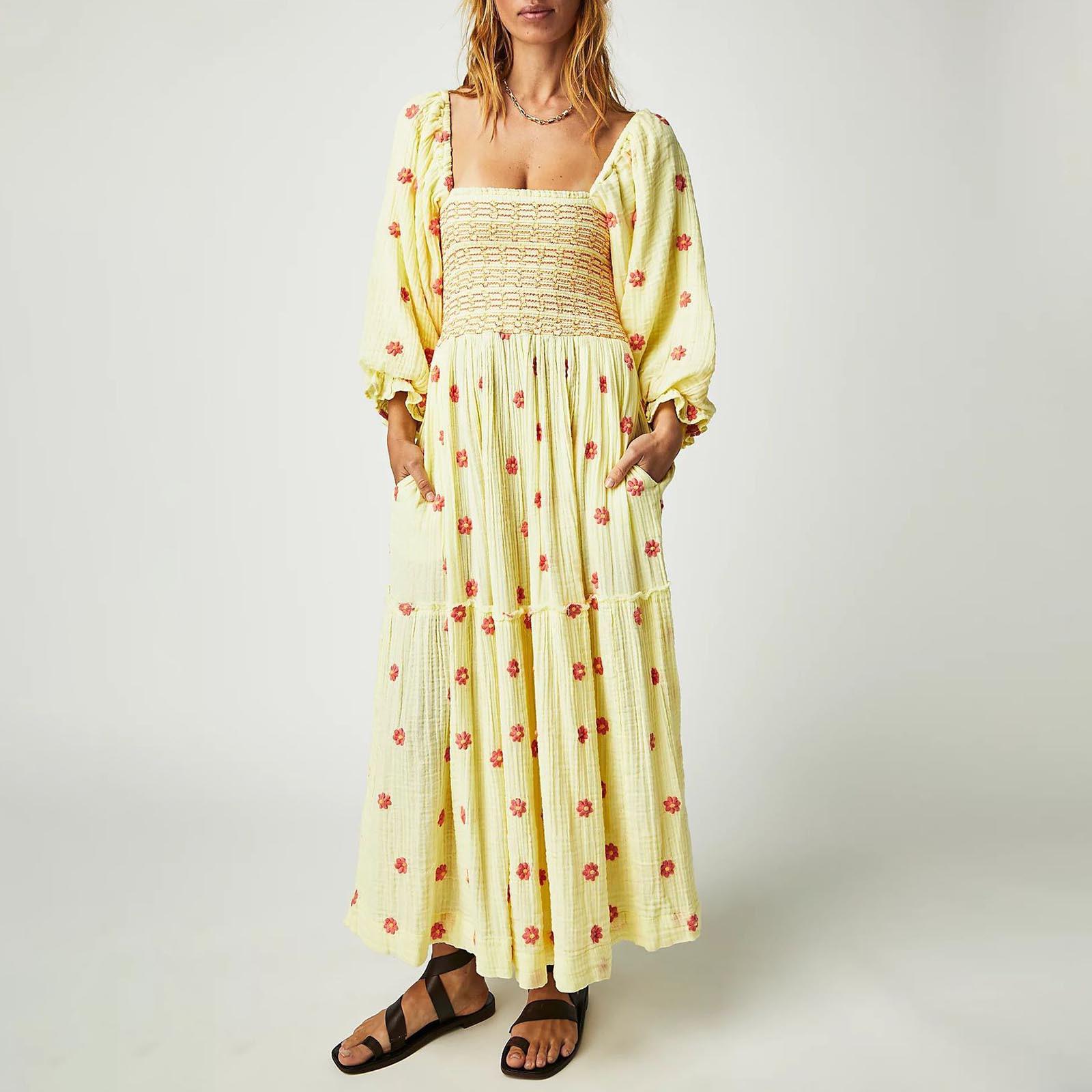 

Осеннее женское повседневное платье с квадратным воротником и роговыми рукавами, длинная юбка, повседневные и летние макси-платья для женщин M жёлтый