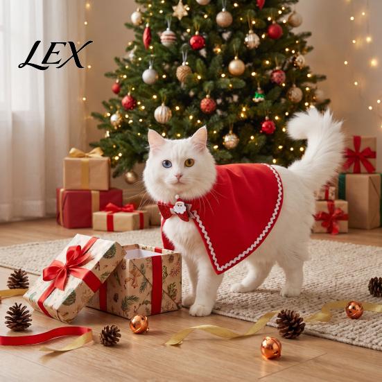 Puppy Christmas Costume Pet Cape with Bow, Red Cloak for Small Medium Dogs & Cats, Holiday Outfit White Wavy Trim, Festive Apparel Pets Dog