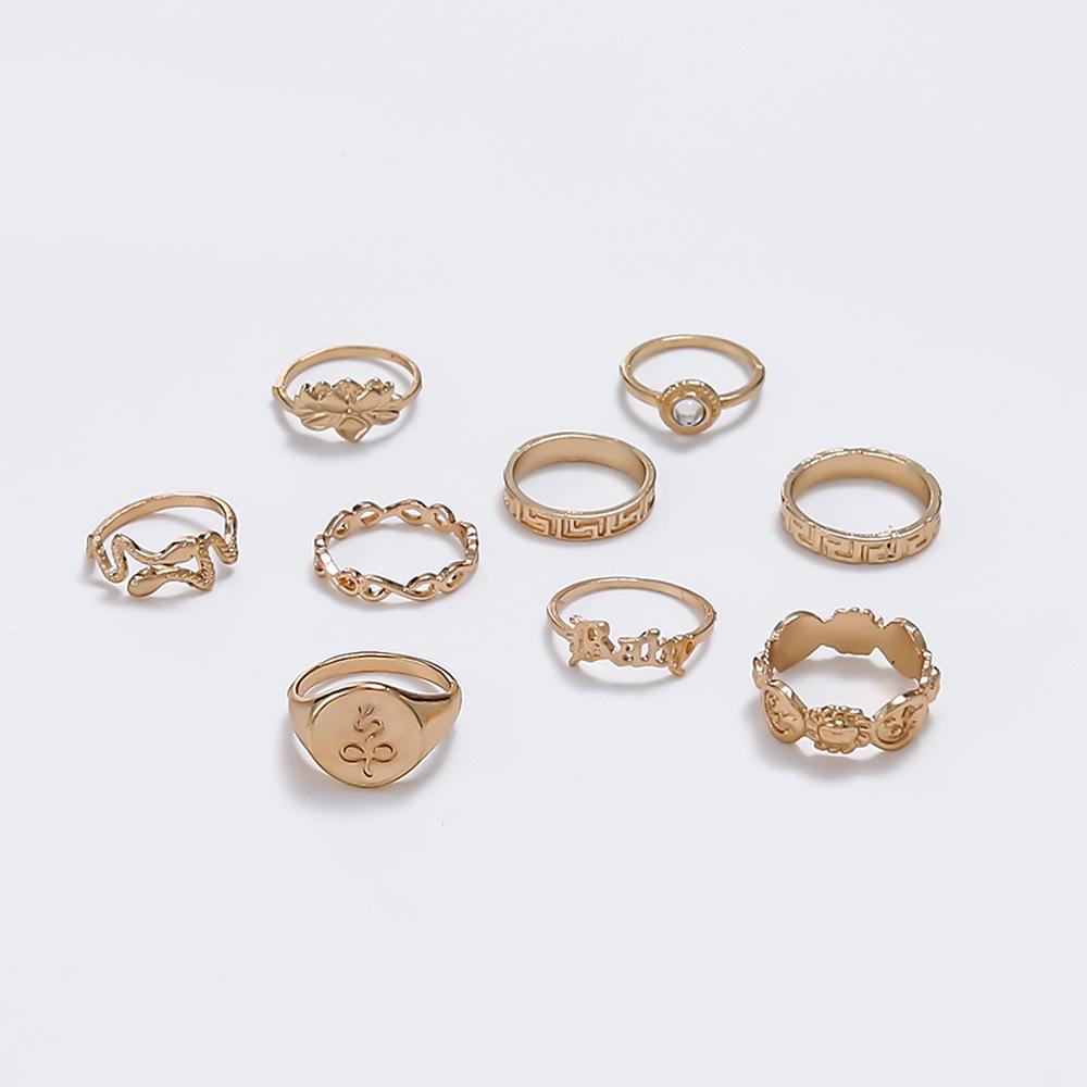 Bohemian Fashion Engraved Pattern Ring Personality Trend Hollow Snake Letter 9 Piece Set Ring Women