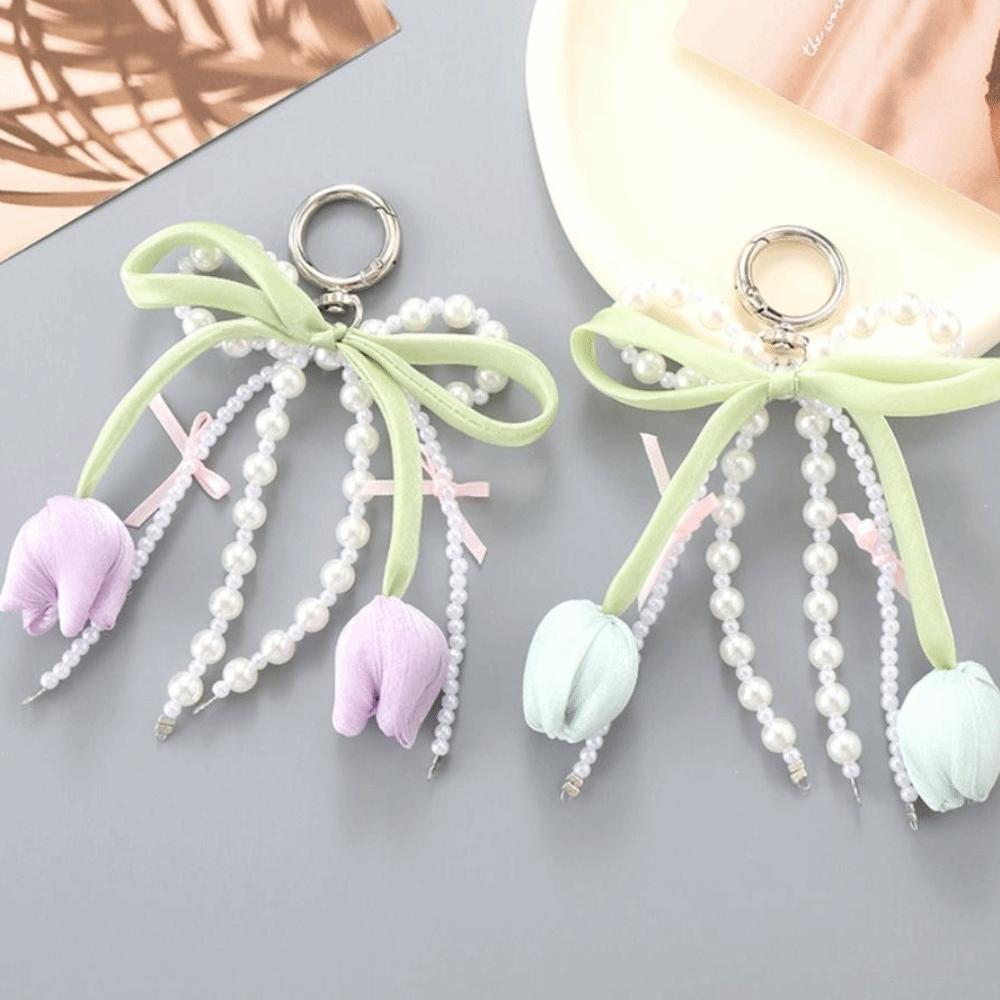 New Ribbon Pearl Tulip Ribbon Keychain Tulip DIY Mobile Phone Pendant Jewelry Style Pearl Bow Bag Accessories Mobile Phone Chain