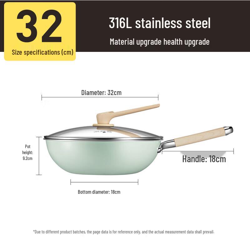 Chu Da Huang 32cm 316L Stainless Steel Flat-Bottom Non-stick Wok
