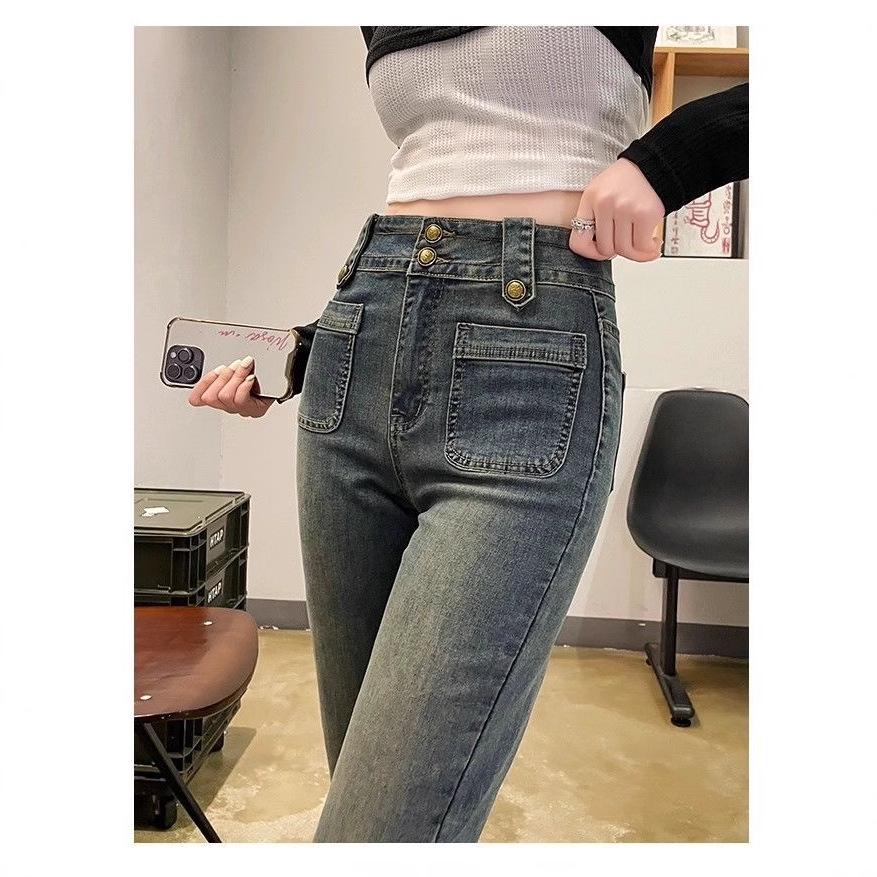 

Cuffed Cigarette Pants: Women s High-Waisted Slimming Retro Jeans for Spring & Autumn 2025. S