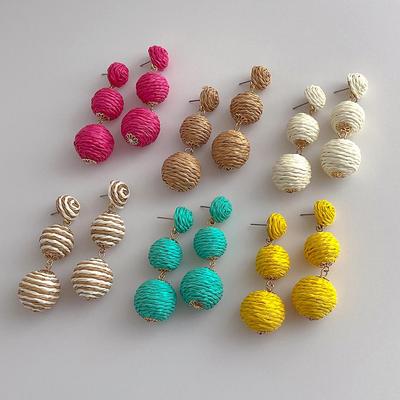 Handgemaakte Raffia Rotan Bal Oorbellen - Zomer Strand Vakantie Stijl Lange Hangers