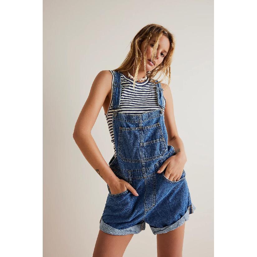 2026 New Loose Multi-Pocket Overalls Shorts Fashionable Casual Denim Pants for Women S темно-синий