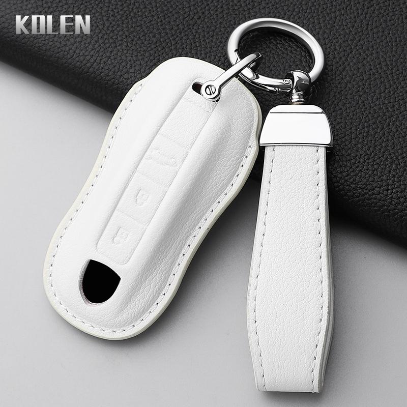 Leather Car Key Case Cover Shell For Porsche Cayenne Panamera 911 992 996 Taycan Macan Boxster 968 987 981 Key Protect Keychain