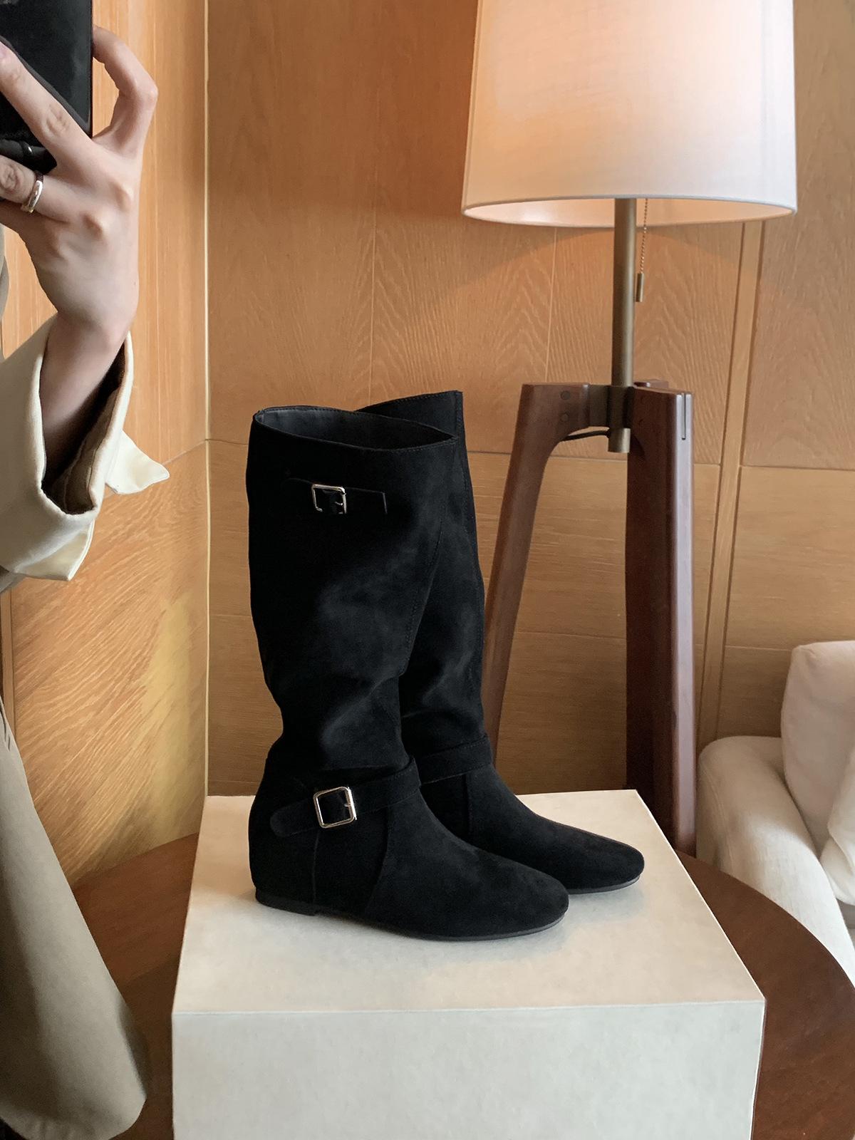 

Cowhide version~ grape ma same style inner height increase 5cm knight boots women s belt buckle thin pleated pile western boots 40