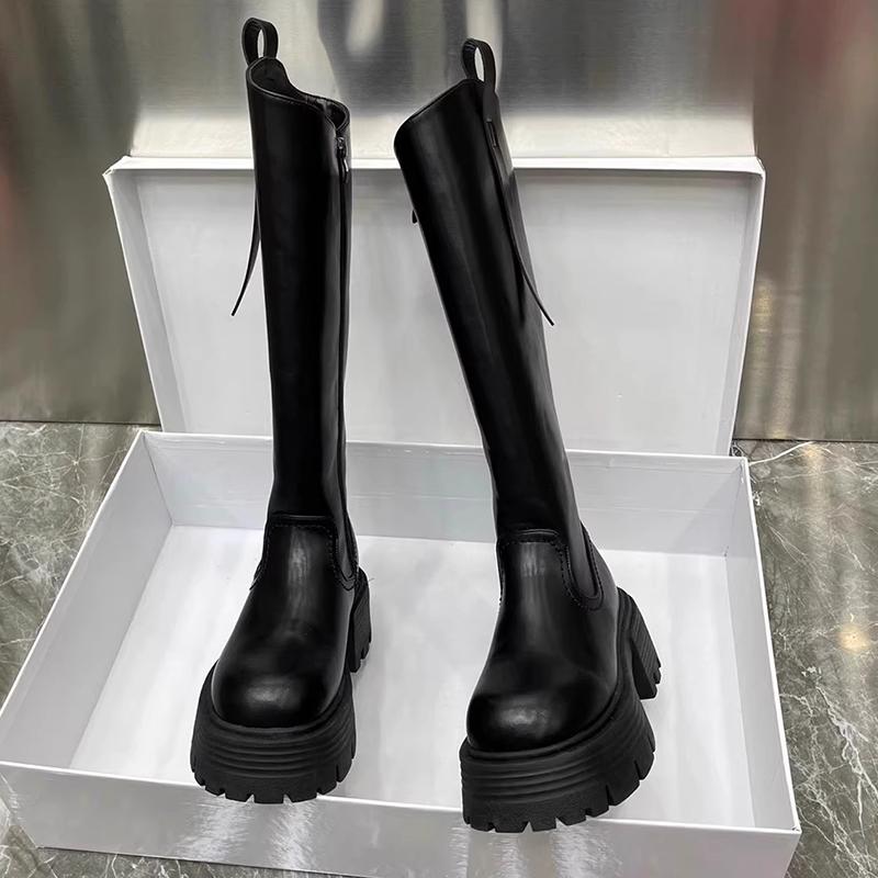 Stivali Alti da Donna con Zeppa Stivali Piatti al Ginocchio Scarpe Inverno Moda Stivali da Moto Nuova Tendenza Gladiatore Camminare Mujer De Botas cm
