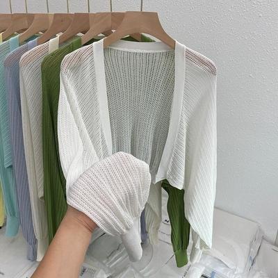 Summer Thin Loose Knit Cardigan with Air Conditioning and Sun Protection Cover, Camisole with Lantern Sleeves, Short Top, Jacket for Women