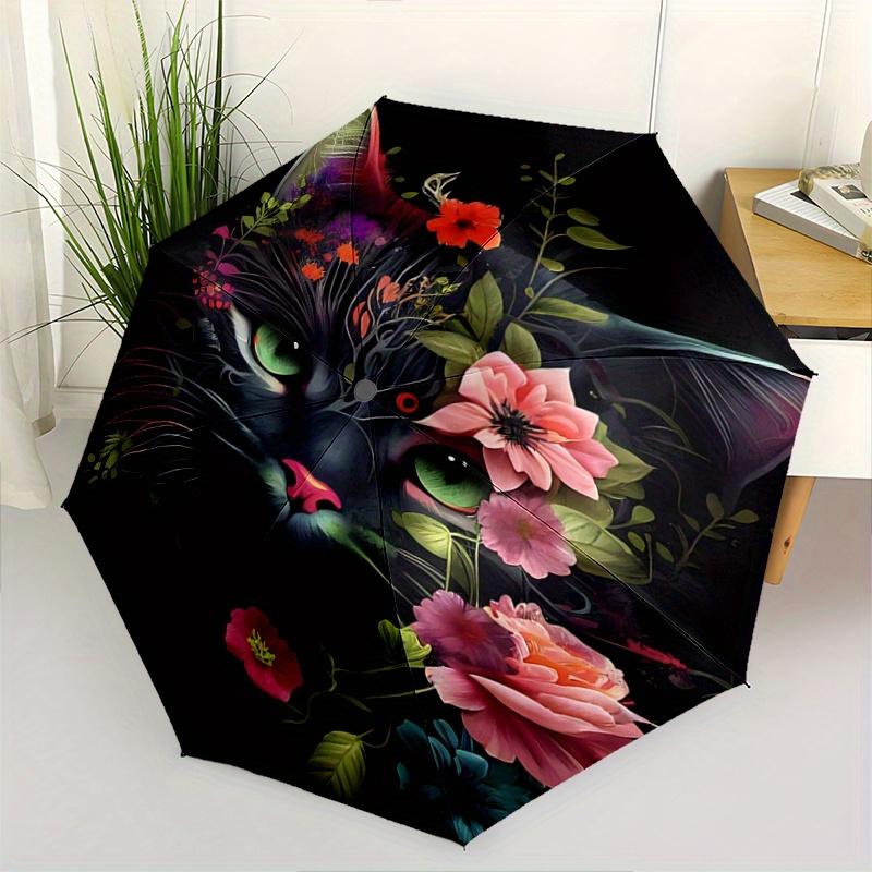 

1pc Domineering BlackCat & Flowers Durable Cartoon Folding Fashion Umbrella, Portable 3-Fold Compact Umbrella for Men and Women, Suitable for Travel o