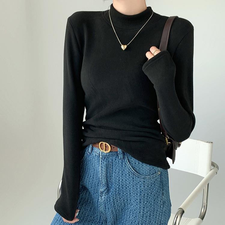 Turtleneck Pullover for Women In Autumn and Winter Fitted Top Thick and Warm Long-sleeved Top with Added Fleece