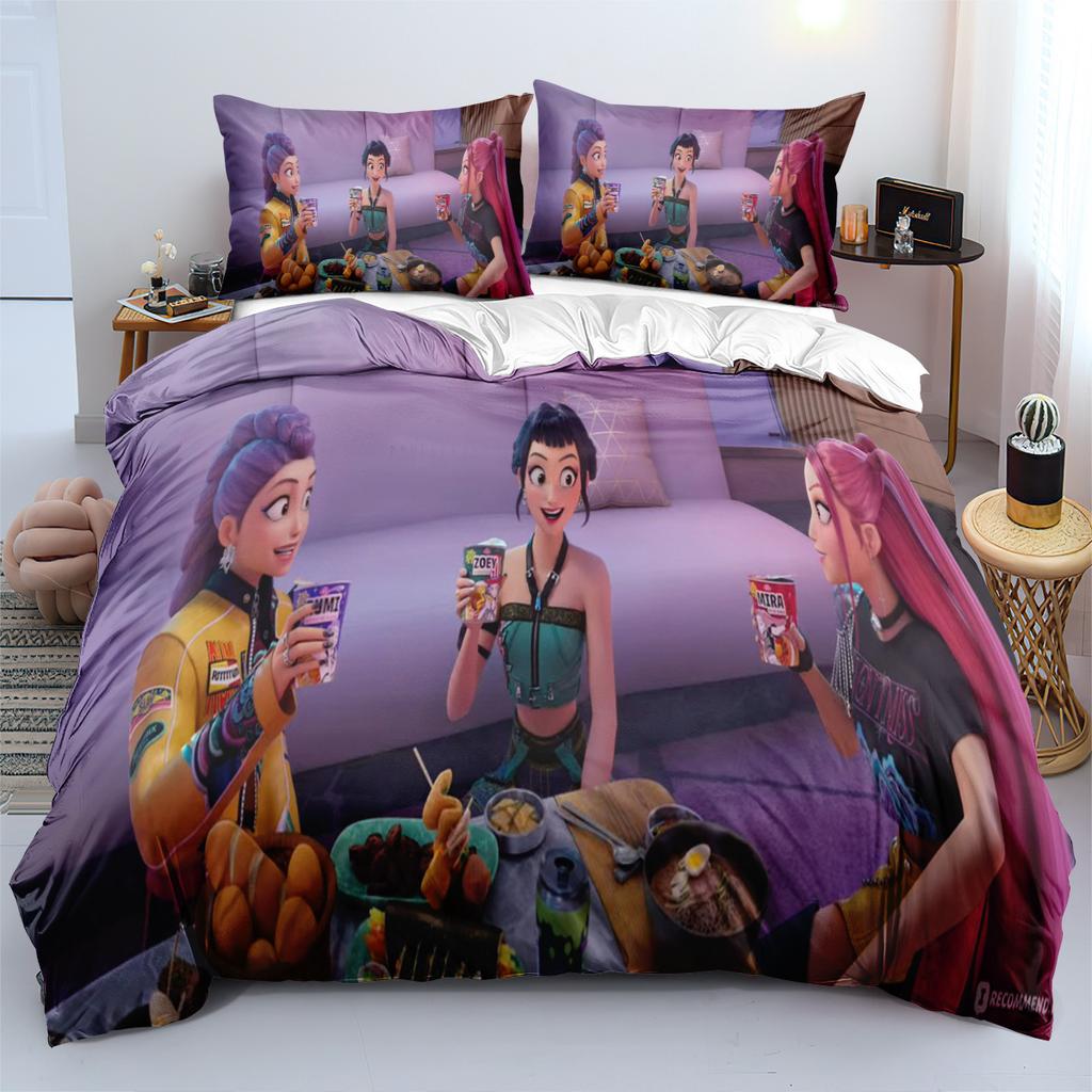 3pcs KPop Demon Hunters Bedding Set Anime Print Boys Girls Three Piece Multi Size Quilt Cover Pillow Cover Bedroom Decoration