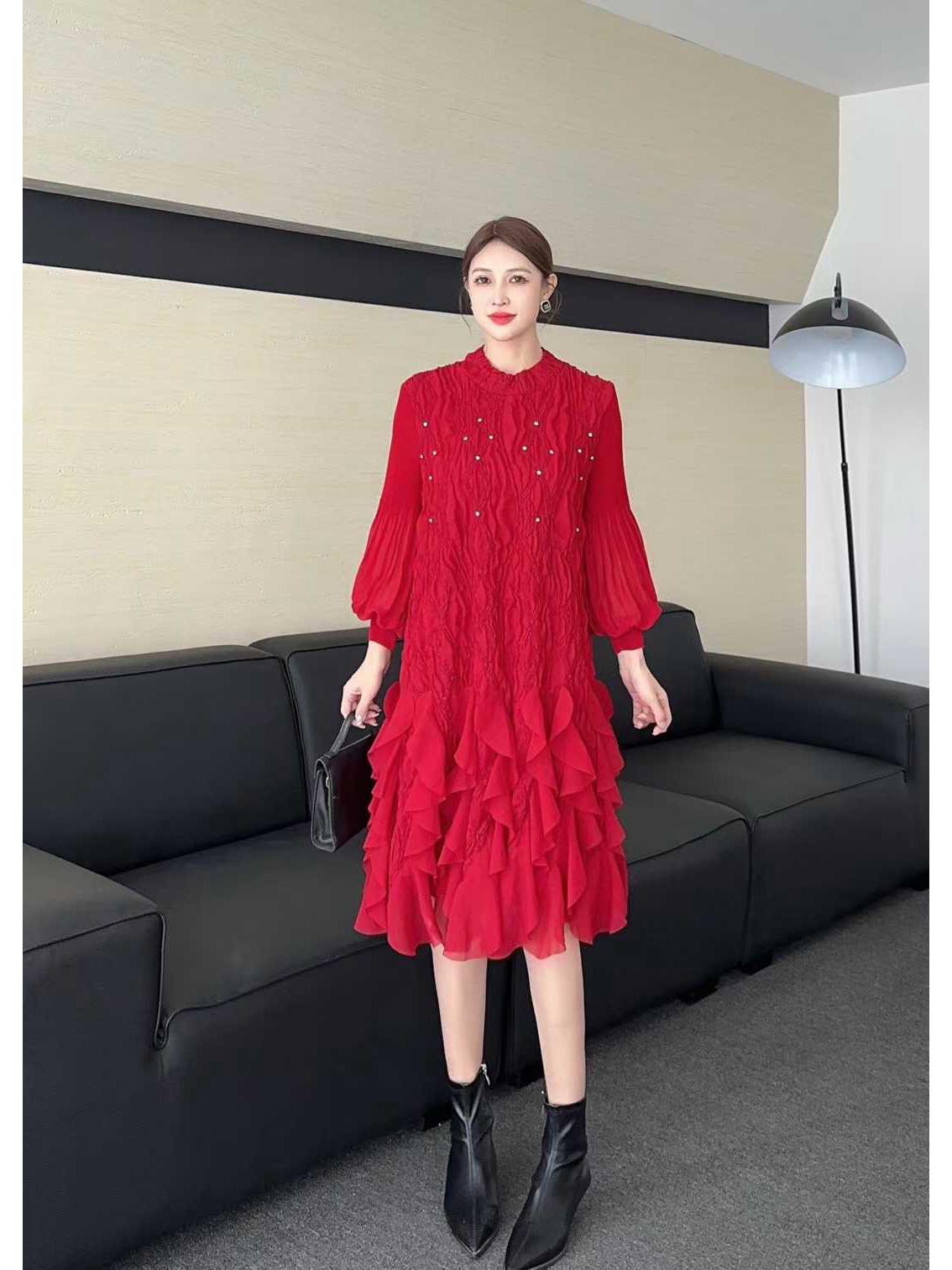 Pleated Plus Size Elegant Embroidered Long Dress for Women One Size (40-100kg) вино красного