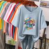 Short-sleeved T-shirt for Women, Large Size, Loose and Slimming, Printed V-neck Top