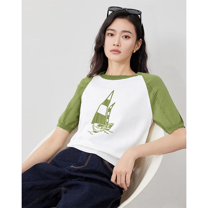 Chuyu Women's Sailboat Jacquard Short-Sleeve Knit Top