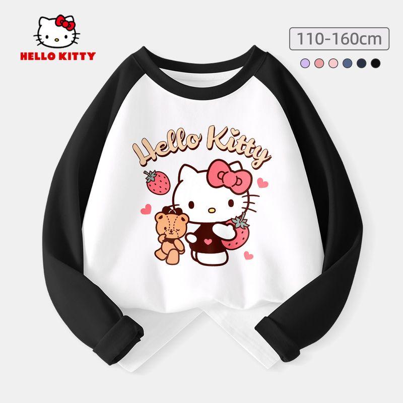 Hello Kitty Girls' Base Layer Shirt Spring 2024 New Children's Long-Sleeved T-Shirt Black Fashionable Stylish Top