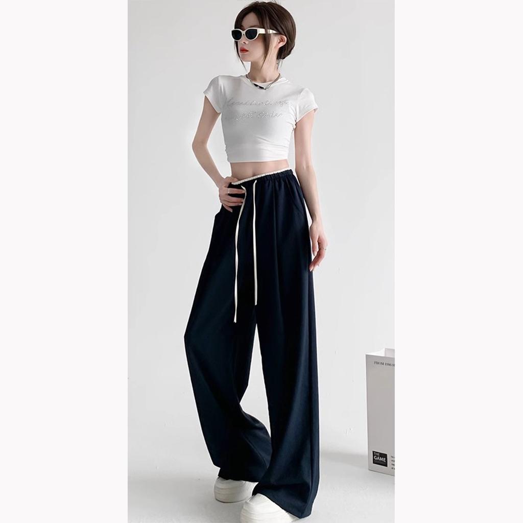 [Large Size] (M-XL) Textured Ice Silk Wide Leg Pants Women's Spring and Summer Thin High Waist Drop Color Contrast Casual Pants