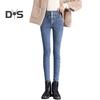 Women Winter Jeans High Waist Faux Fur Lining Slim Fit Button Closure Soft Warm Thick Solid Color Pockets Pencil Pants Lady Autumn Trousers