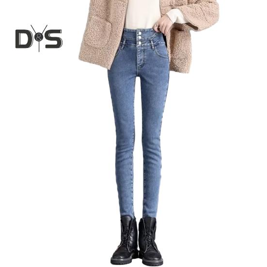 Women Winter Jeans High Waist Faux Fur Lining Slim Fit Button Closure Soft Warm Thick Solid Color Pockets Pencil Pants Lady Autumn Trousers